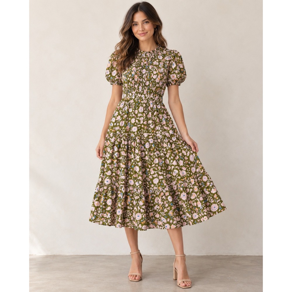 Diane von Furstenberg DVF Size 6 Green Floral Puff Sleeve Tiered Midi Dress